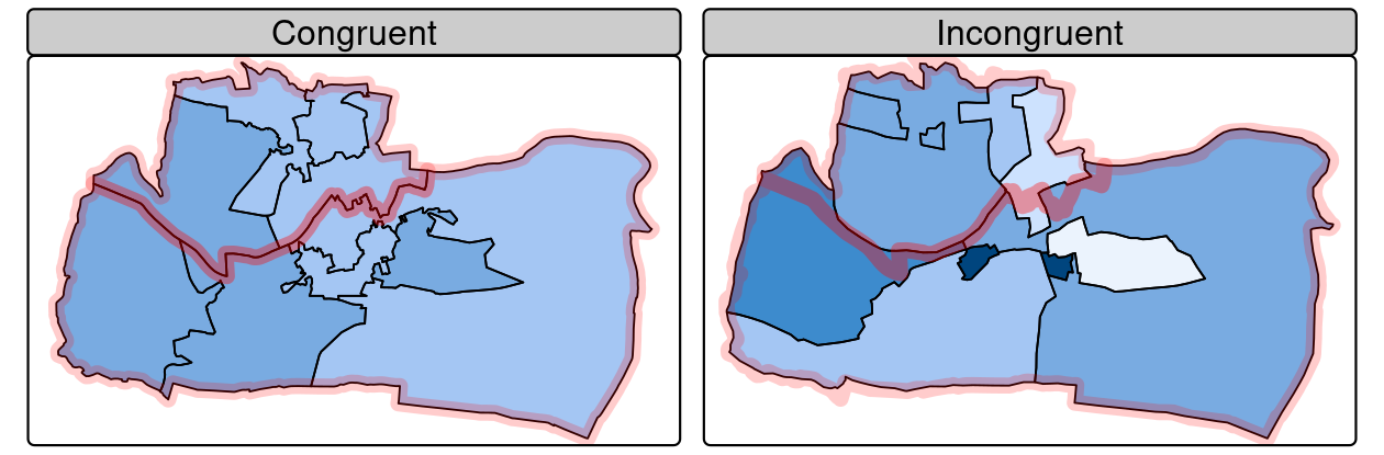 Illustration of congruent (left) and incongruent (right) areal units with respect to larger aggregating zones (translucent red borders).