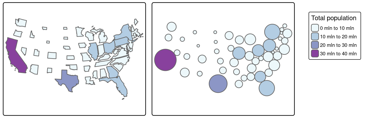 Comparison of non-continuous area cartogram (left) and Dorling cartogram (right).