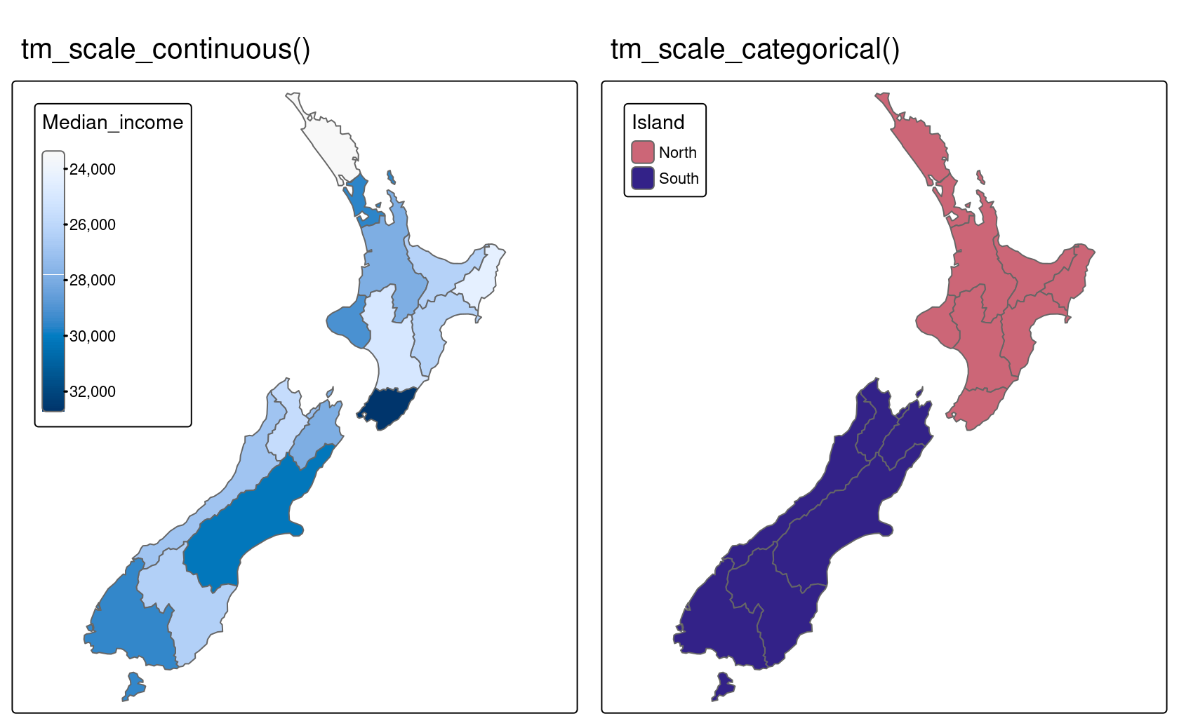 Illustration of continuous and categorical scales in tmap.