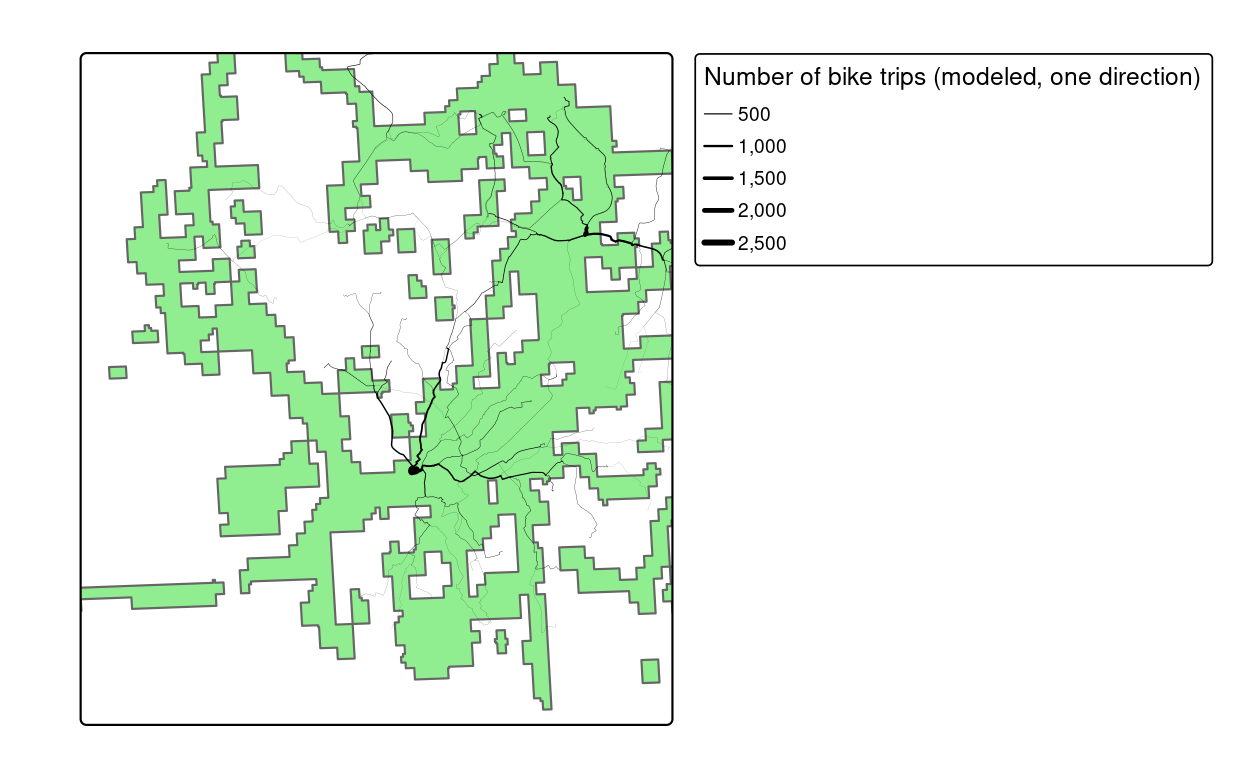 Potential routes along which to prioritise cycle infrastructure in Bristol to reduce car dependency. The static map provides an overview of the overlay between existing infrastructure and routes with high car-bike switching potential (left). The screenshot the interactive map generated from the `qtm()` function highlights Whiteladies Road as somewhere that would benefit from a new cycleway (right).