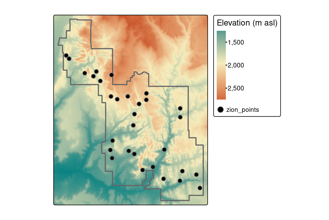 Locations of points used for raster extraction.