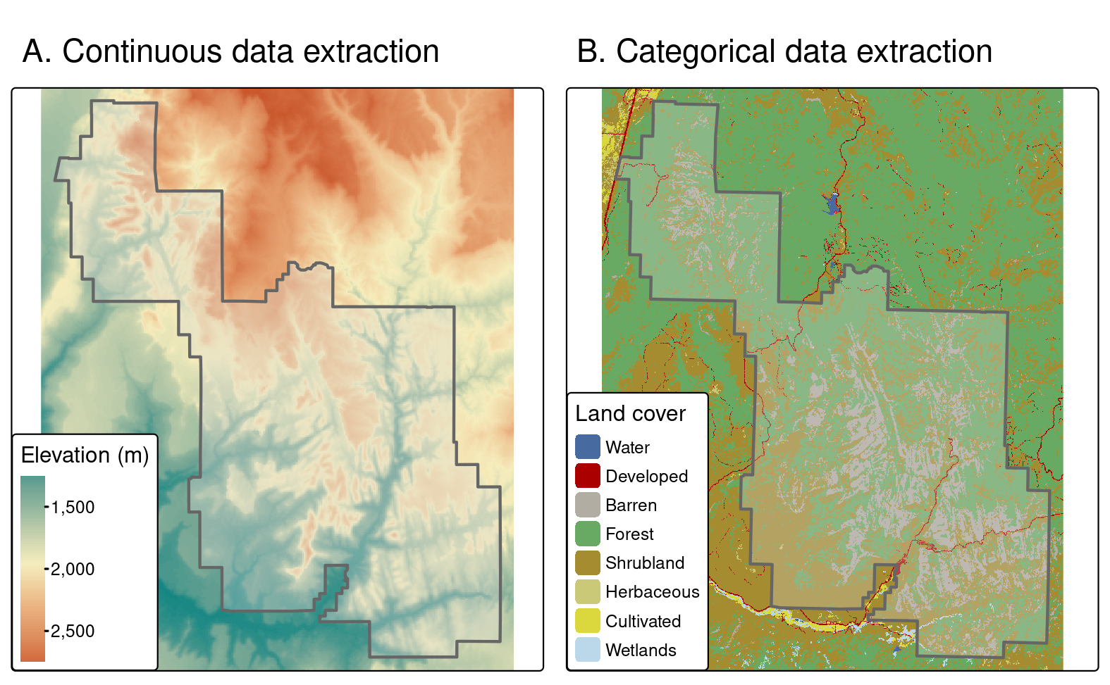 Area used for continuous (left) and categorical (right) raster extraction.