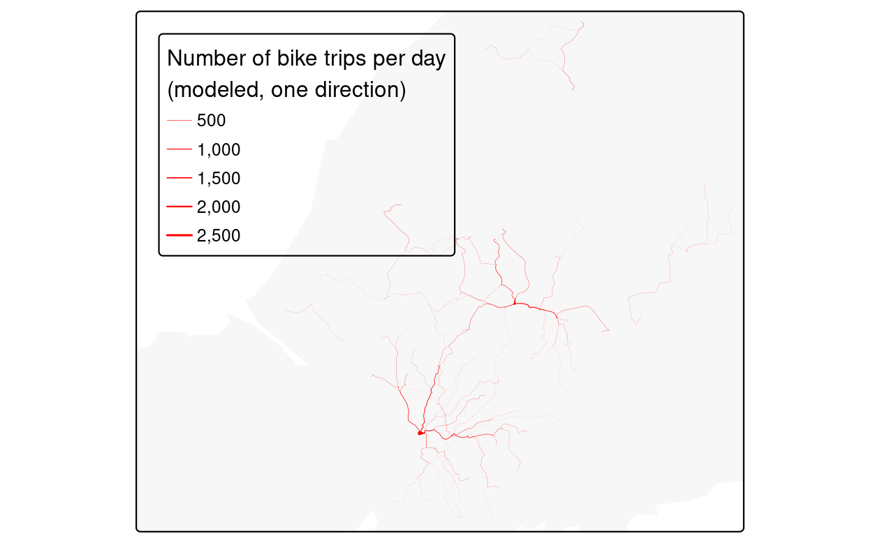 Illustration of the percentage of car trips switching to cycling as a function of distance (left) and route network level results of this function (right).