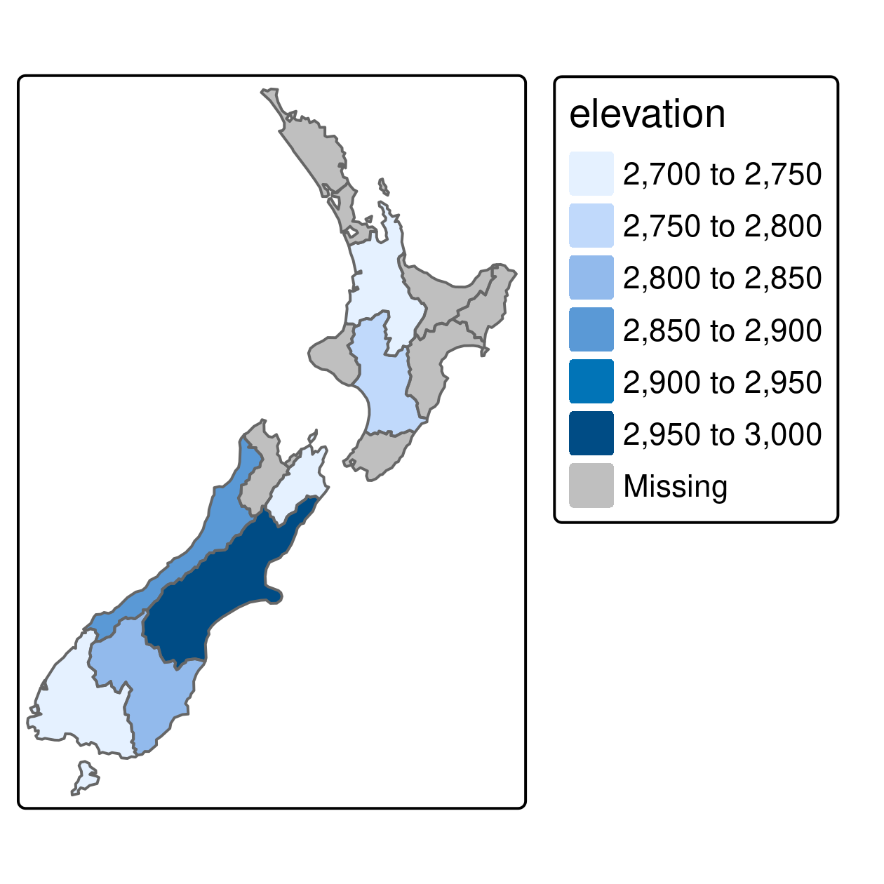 Average height of the top 101 high points across the regions of New Zealand.