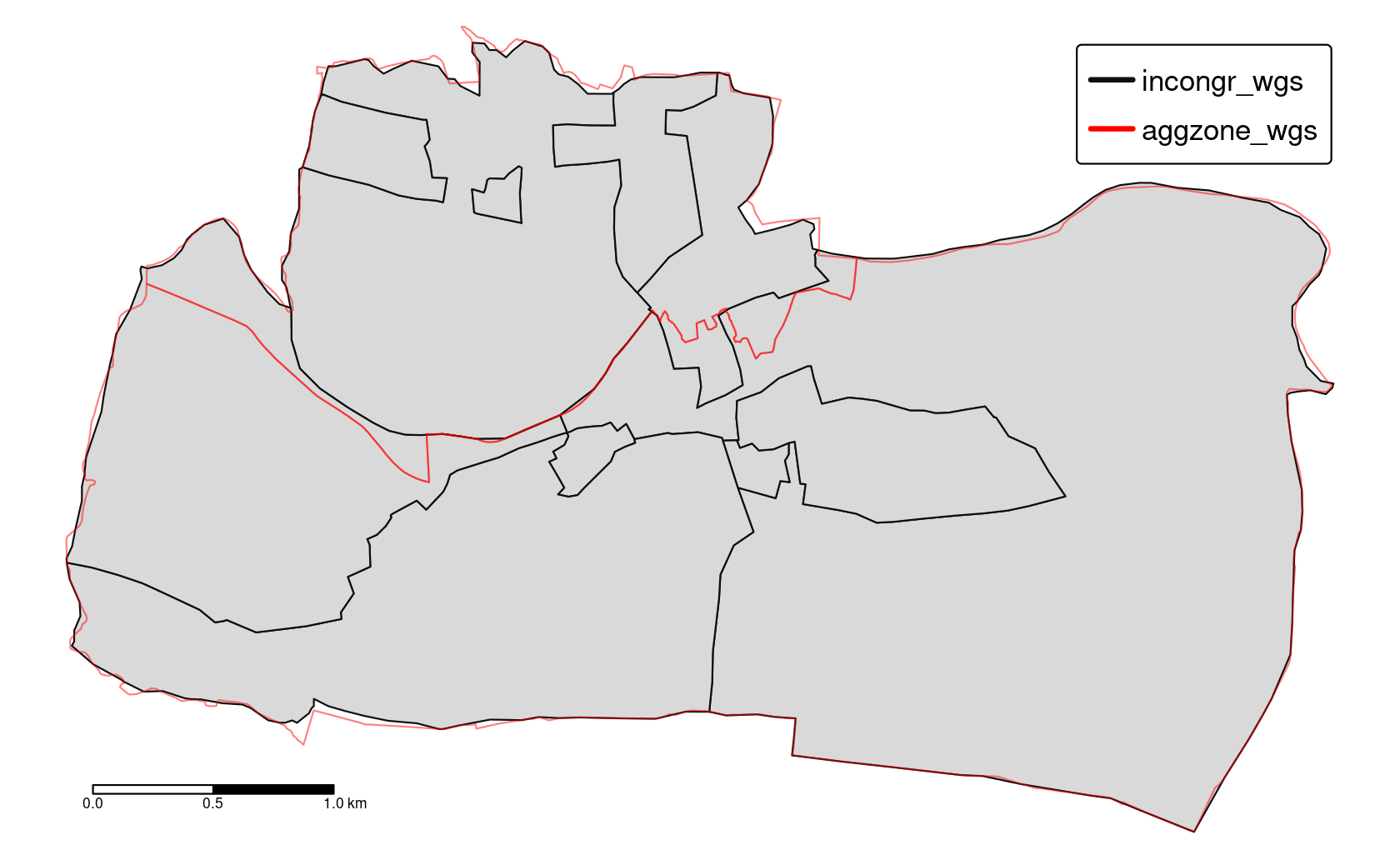 Illustration of two areal units: incongruent (black lines) and aggregating zones (red borders).