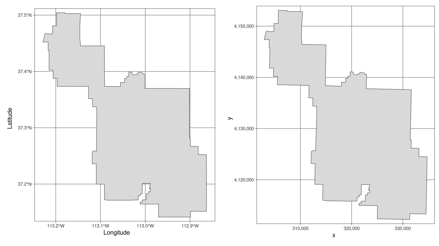 Examples of geographic (WGS 84; left) and projected (NAD83 / UTM zone 12N; right) coordinate systems for a vector data type.