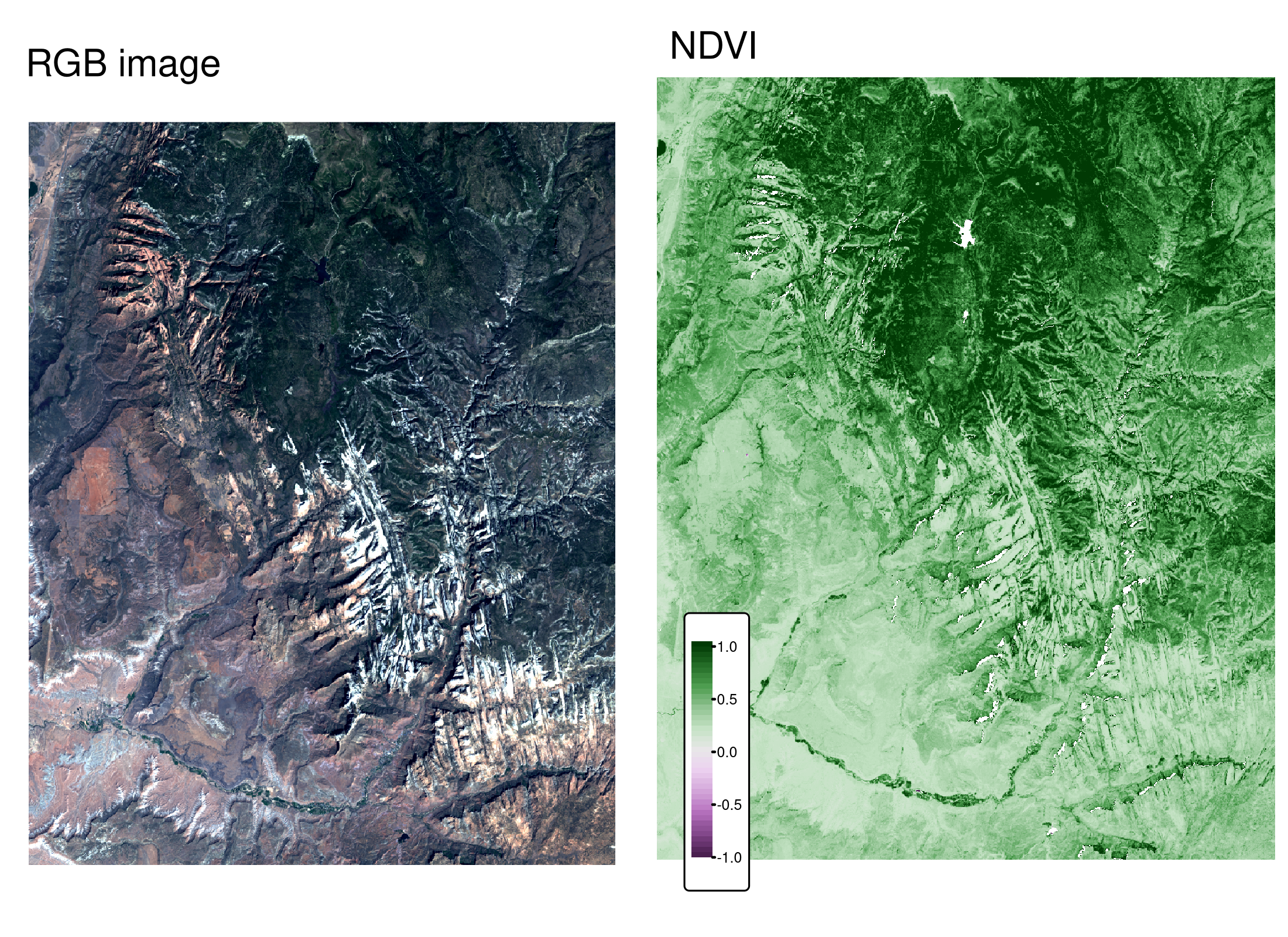 RGB image (left) and NDVI values (right) calculated for the example satellite file of the Zion National Park